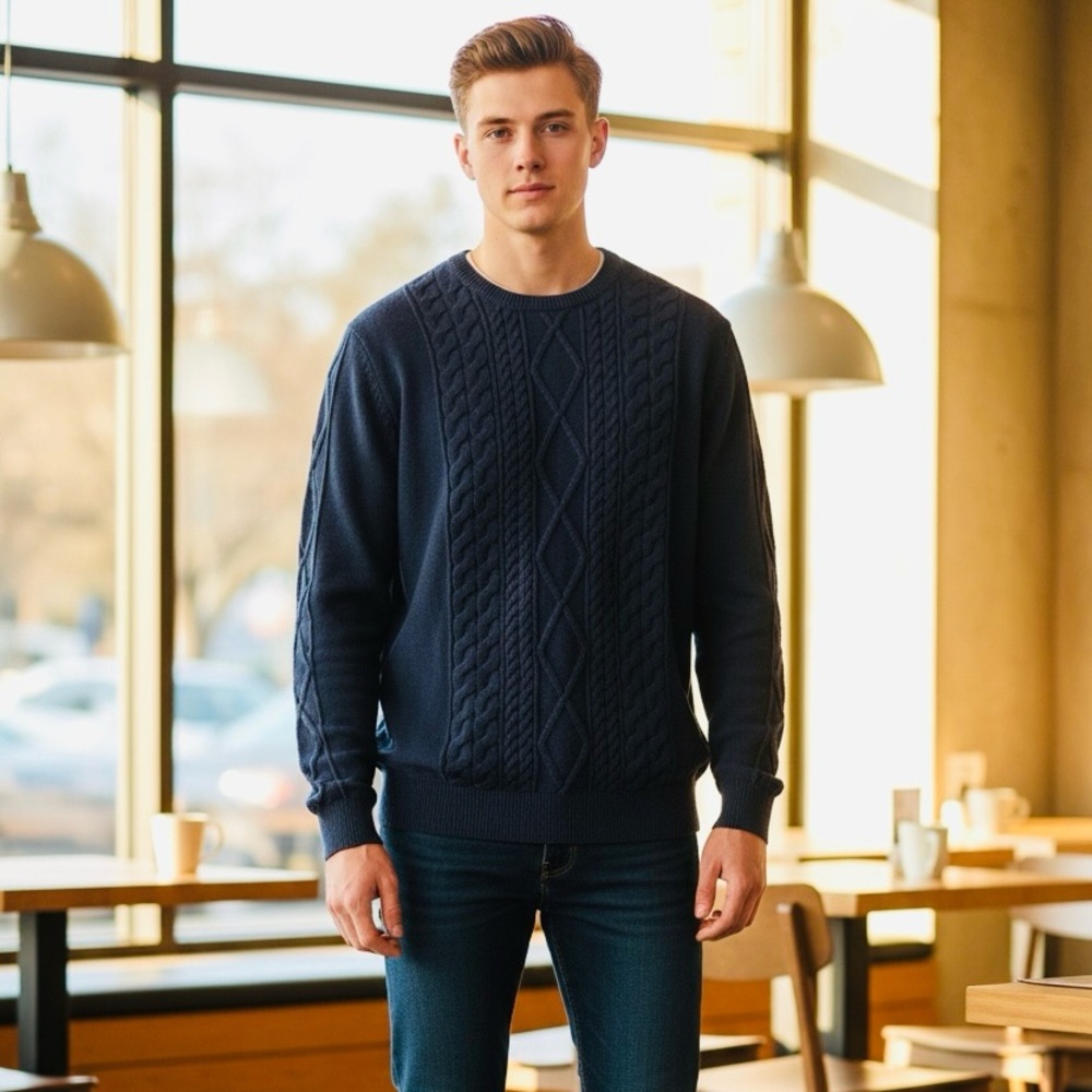 NWT Nautica Men's Blue Cable Knit Crewneck Sweater 100% cotton Size L